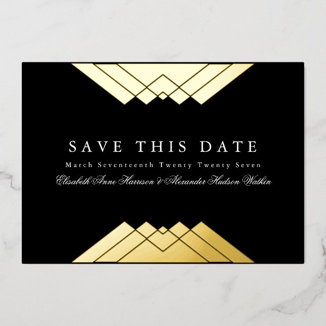 Photo Deco Black Geometric Gold Save the Date Foil Invitation (Front)