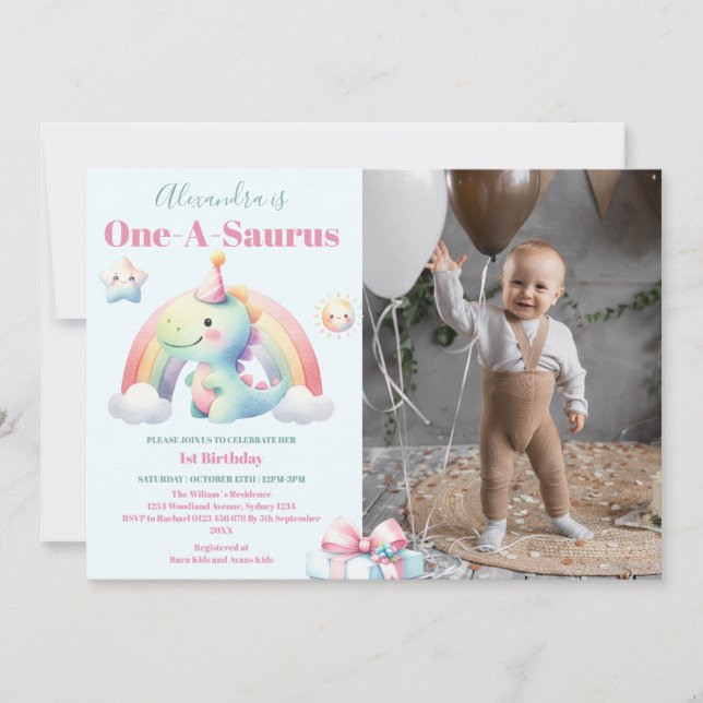 Photo Dinosaur 1st Birthday Colorful Cute Invitation (Front)