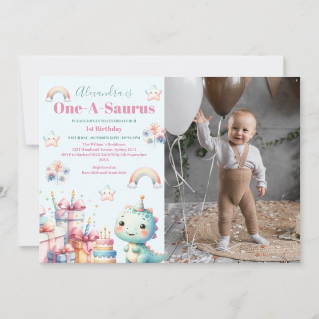 Photo Dinosaur 1st Birthday Colorful Cute Invitation (Front)
