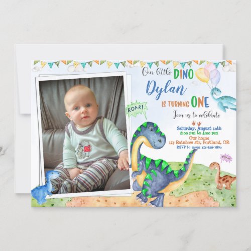 Photo Dinosaur birthday invitation 1st birthday