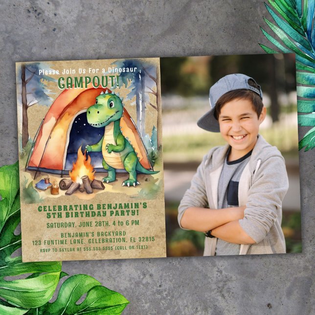 Photo Dinosaur Campout Sleepover Birthday Party Invitation (Creator Uploaded)