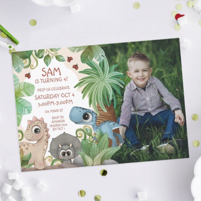 Photo Dinosaur Kids Birthday Invitation (Dinosaur Birthday Party Photo Invite)