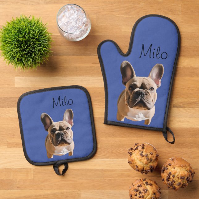 Photo Dog Cat Custom Monogram Oven Mitt & Pot Holder Set (Top Down)