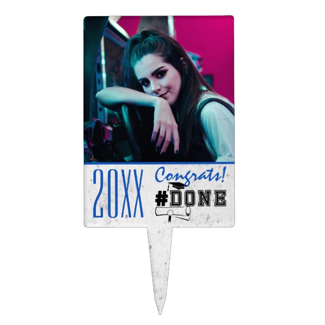 PHOTO #DONE Blue, Black and White Graduation Cake Topper (Front)