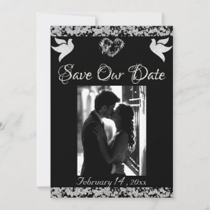 Photo, Doves, Silver Heart & Glitter - Black Save The Date