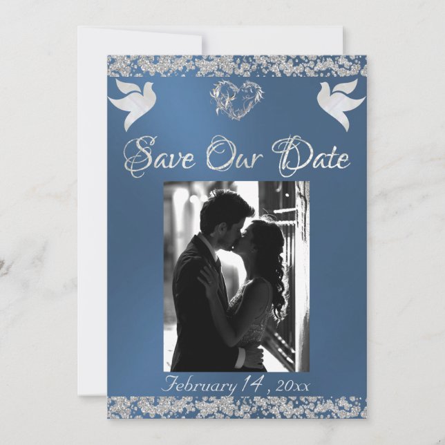 Photo, Doves, Silver Heart & Glitter - Blue Save The Date (Front)