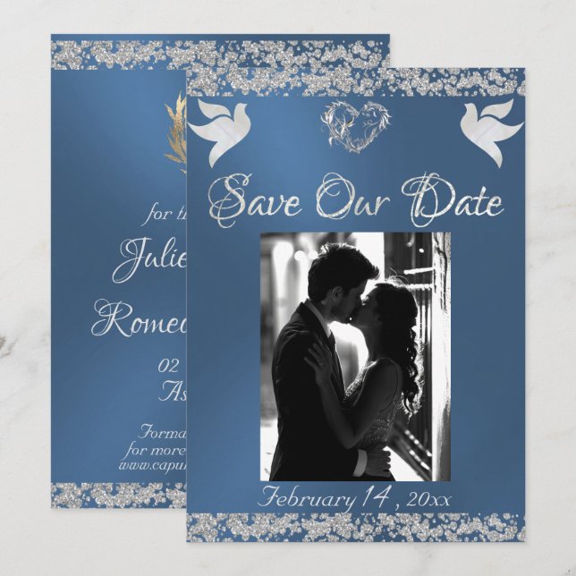 Photo, Doves, Silver Heart & Glitter - Blue Save The Date (Front/Back)