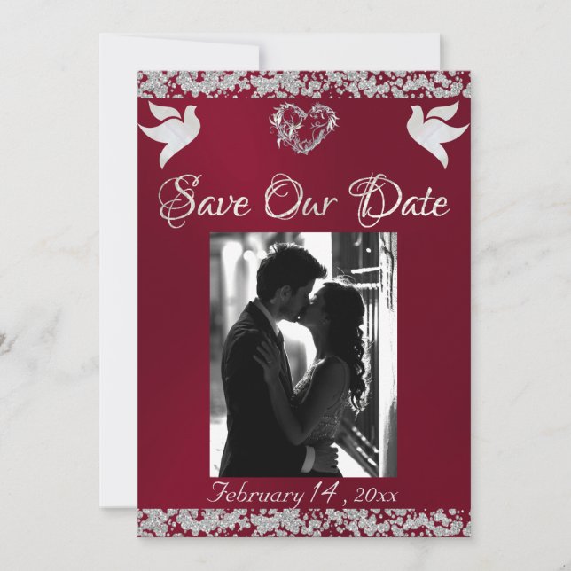 Photo, Doves, Silver Heart & Glitter - Burgundy Save The Date (Front)