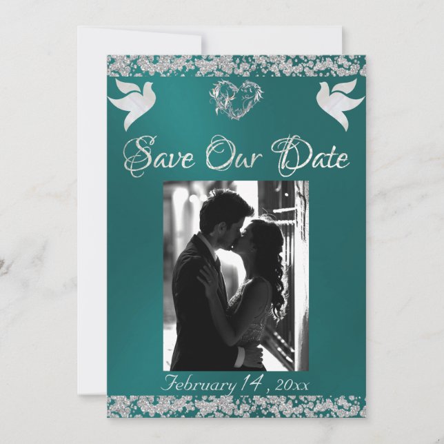 Photo, Doves, Silver Heart & Glitter - Teal Save The Date (Front)