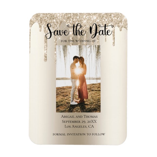 Photo Dripping Glitter Modern Engagement Save The  Magnet (Vertical)
