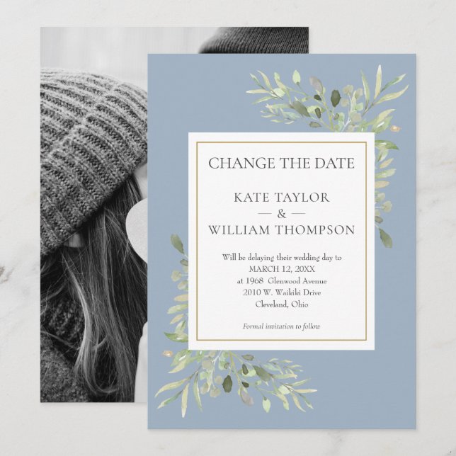 Photo Dusty Blue Change the Date Greenery Leaves Save The Date (Front/Back)