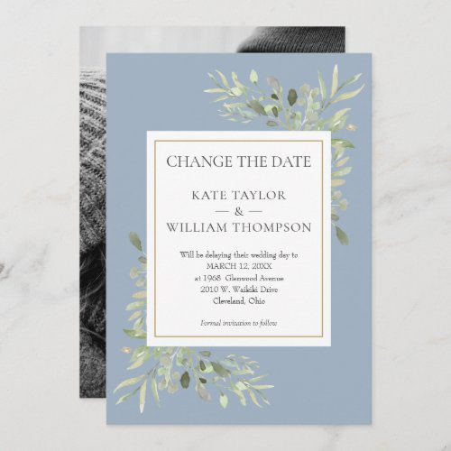 Photo Dusty Blue Change the Date Greenery Leaves Save The Date