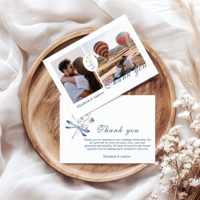 Photo Dusty Blue Crest Floral Wedding Thank You Card (Creator Uploaded)
