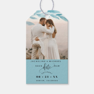 Photo, Dusty Blue Leaves Wedding Save the Date Gift Tags
