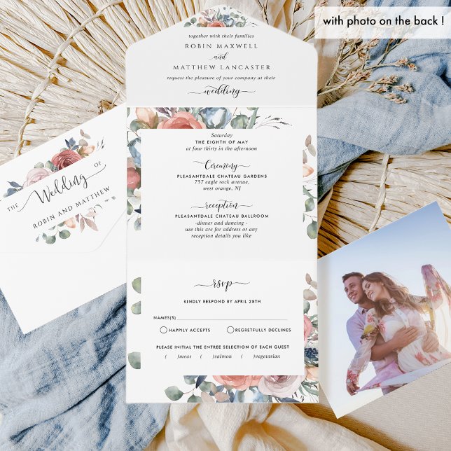 Photo, Dusty Blue Peach and Blush Wedding and RSVP All In One Invitation (Creator Uploaded)