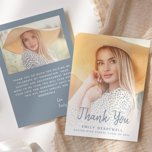 Photo Dusty Blue Script Graduation Thank You Card (Creator Uploaded)