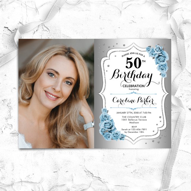 Photo Dusty Blue Silver 50th Birthday Invitation (Creator Uploaded)