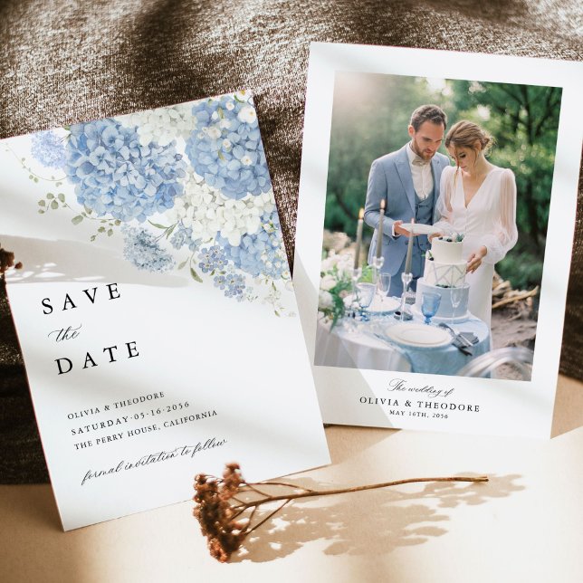 Photo Dusty Blue White Floral Wedding Save The Date (Dusty blue white hydrangea save the date card set with photo, wedding stationery, sunlit table)