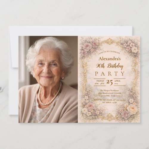 Photo Dusty Rose Baroque Floral 90th Birthday Invitation