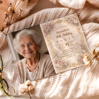 Photo Dusty Rose Baroque Floral 90th Birthday Invitation