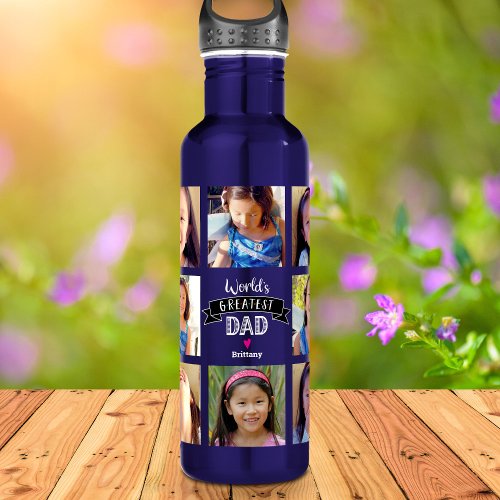 Photo DYI Collage Worlds Greatest Dad Cool Modern Stainless Steel Water Bottle