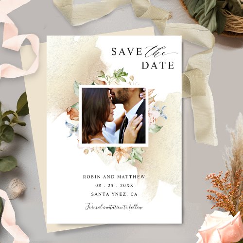 Photo Earthy Blooms and Beige Floral Wedding Save The Date