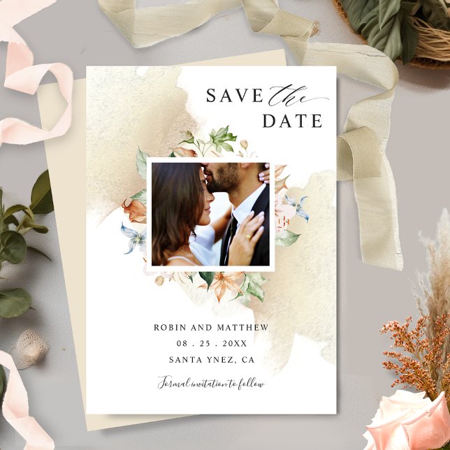 Photo Earthy Blooms and Beige Floral Wedding Save The Date (Creator Uploaded)