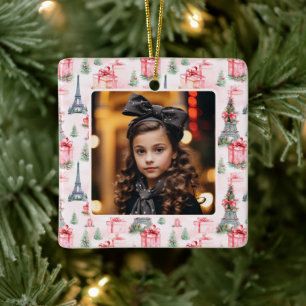 Photo Eiffel Tower Paris Chic Pink Christmas Ceramic Ornament