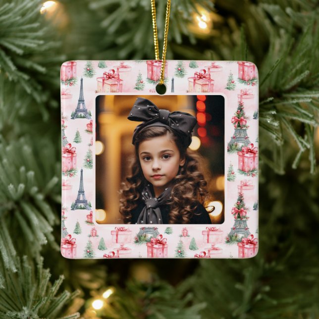 Photo Eiffel Tower Paris Chic Pink Christmas Ceramic Ornament (Tree)