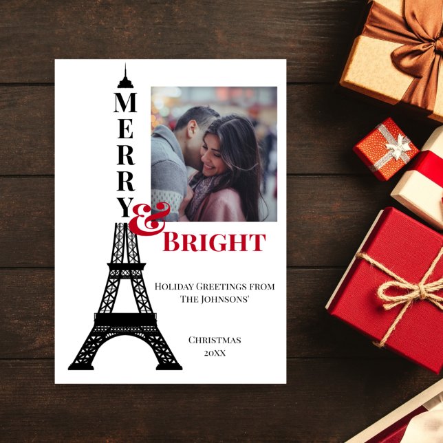 Photo Eiffel Tower Paris Merry & Bright Christmas Holiday Card (Creator Uploaded)