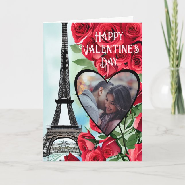 Photo Eiffel Tower Red Roses Valentine's Day Holiday Card (Front)