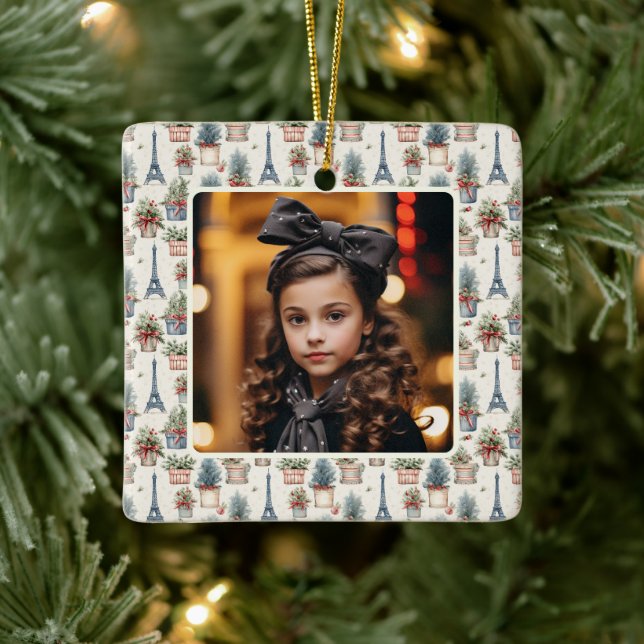 Photo Eiffel Tower Topiaries Paris Christmas Ceramic Ornament (Tree)