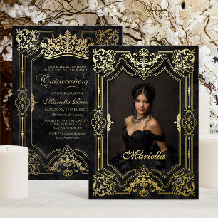 Photo Elegant Black Crown Tiara Royal Quinceanera  Foil Invitation
