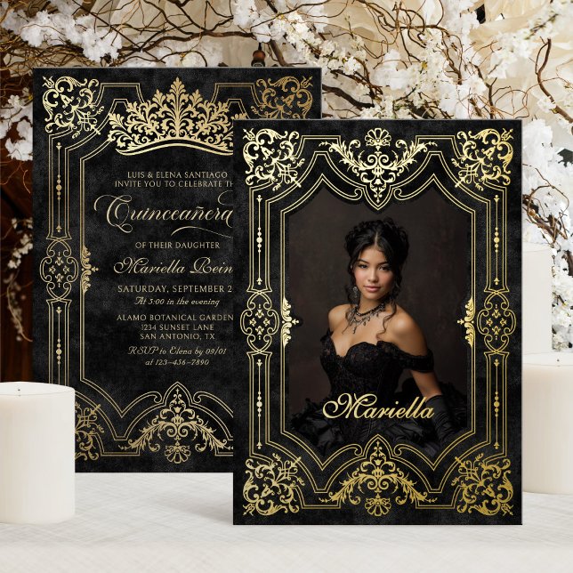 Photo Elegant Black Crown Tiara Royal Quinceanera  Foil Invitation (Creator Uploaded)