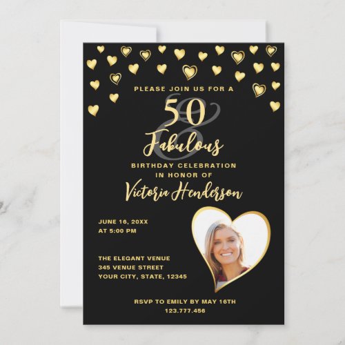 Photo Elegant Black  Gold 50  Fabulous Birthday Invitation