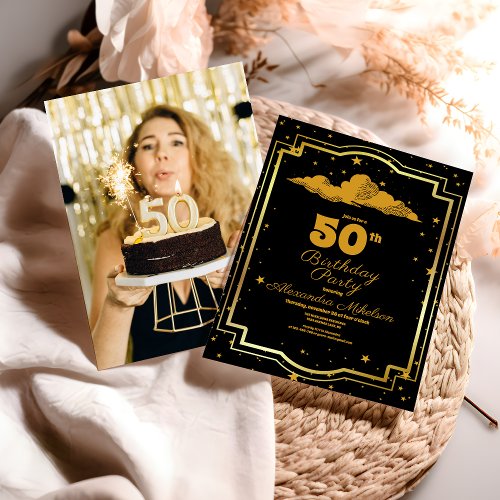 Photo Elegant Black Gold Celestial 50th Birthday Invitation