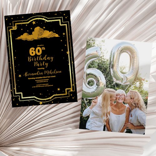 Photo Elegant Black Gold Celestial 60th Birthday Invitation