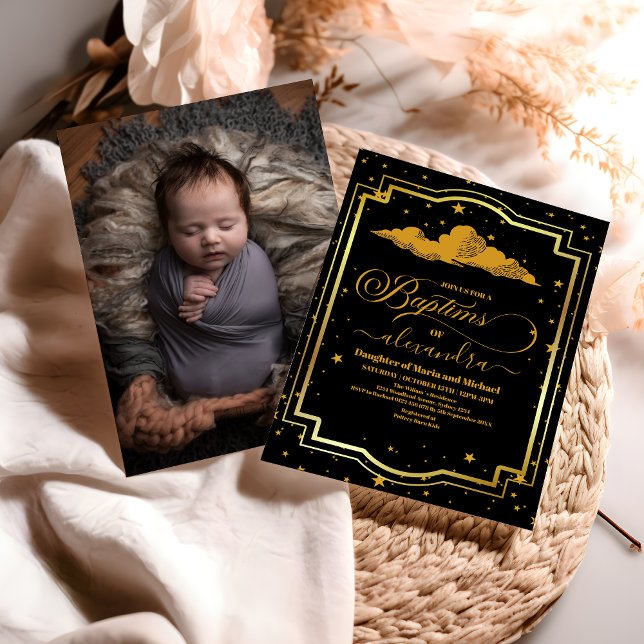 Photo Elegant Black Gold Celestial  Baptism Invitation (Creator Uploaded)