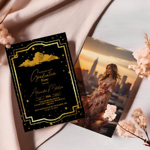 Photo Elegant Black Gold Celestial Graduation Invitation