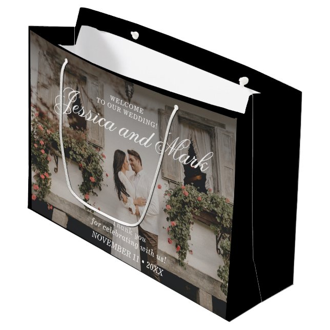 Photo Elegant Black Wedding Welcome Large Gift Bag (Front Angled)