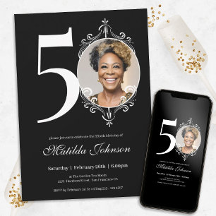 Photo Elegant Black White 50th Birthday Invitation