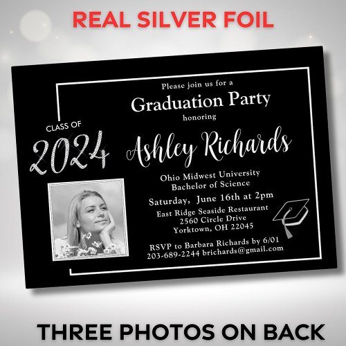 Photo Elegant Black White Graduation Party Real Foil Invitation