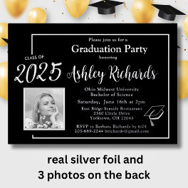 Photo Elegant Black White Graduation Party Real Foil Invitation