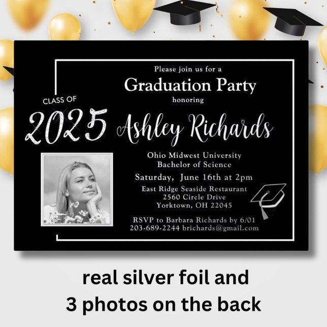 Photo Elegant Black White Graduation Party Real Foil Invitation (Creator Uploaded)