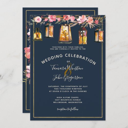 Photo Elegant Blue Coral Floral Lights Wedding Invitation