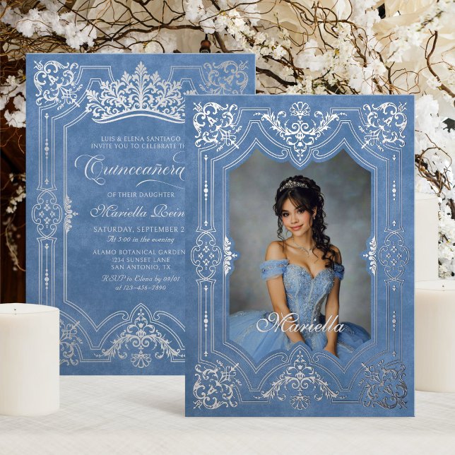 Photo Elegant Blue Crown Tiara Royal Quinceanera  Foil Invitation (Creator Uploaded)