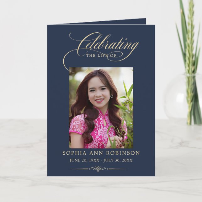 Photo Elegant Blue Gold Funeral Keepsake Program (Front)