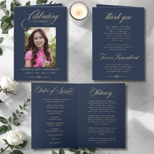 Photo Elegant Blue Gold Funeral Keepsake Program
