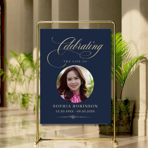 Photo Elegant Blue Gold Funeral Welcome Sign
