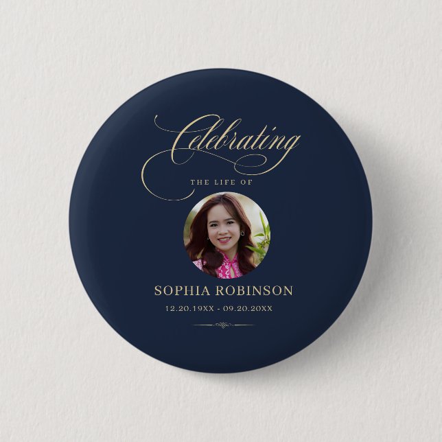 Photo Elegant Blue Gold Script Funeral Memorial  Button (Front)